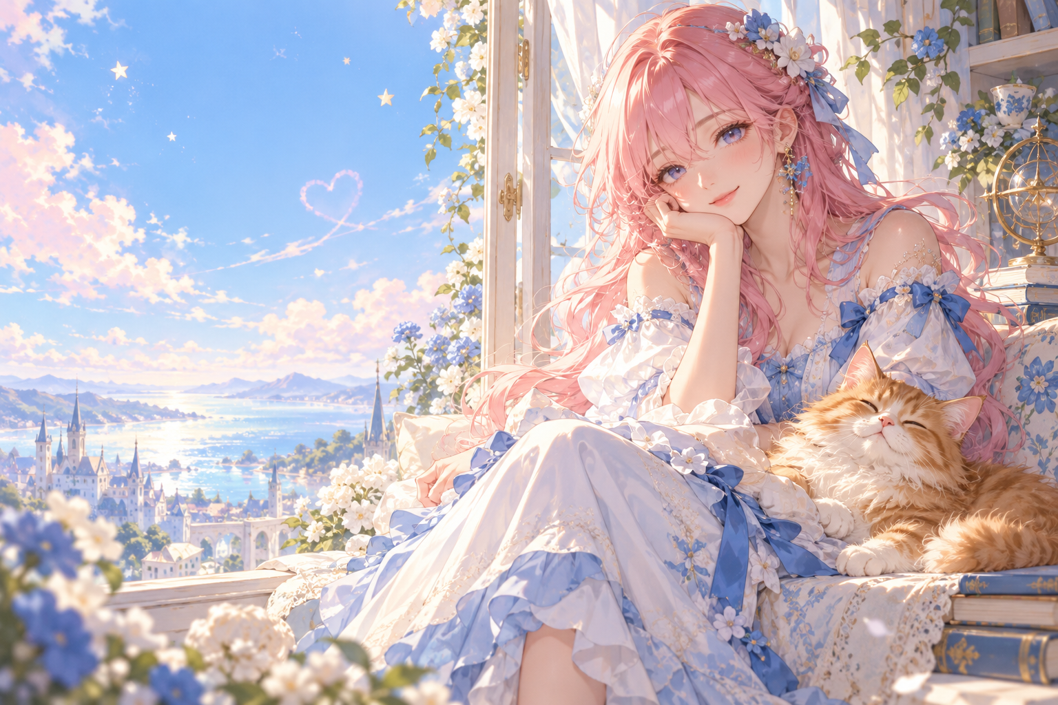 青いドレスのピンク髪の女性と茶トラ猫が、明るい窓辺で過ごすイラスト