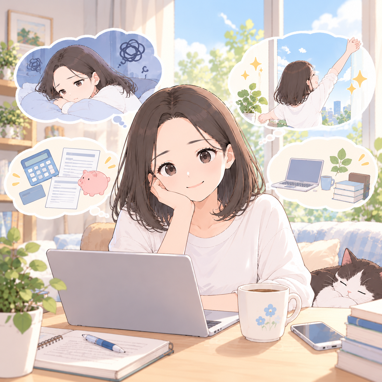 猫と一緒にパソコンで執筆する女性のイラスト